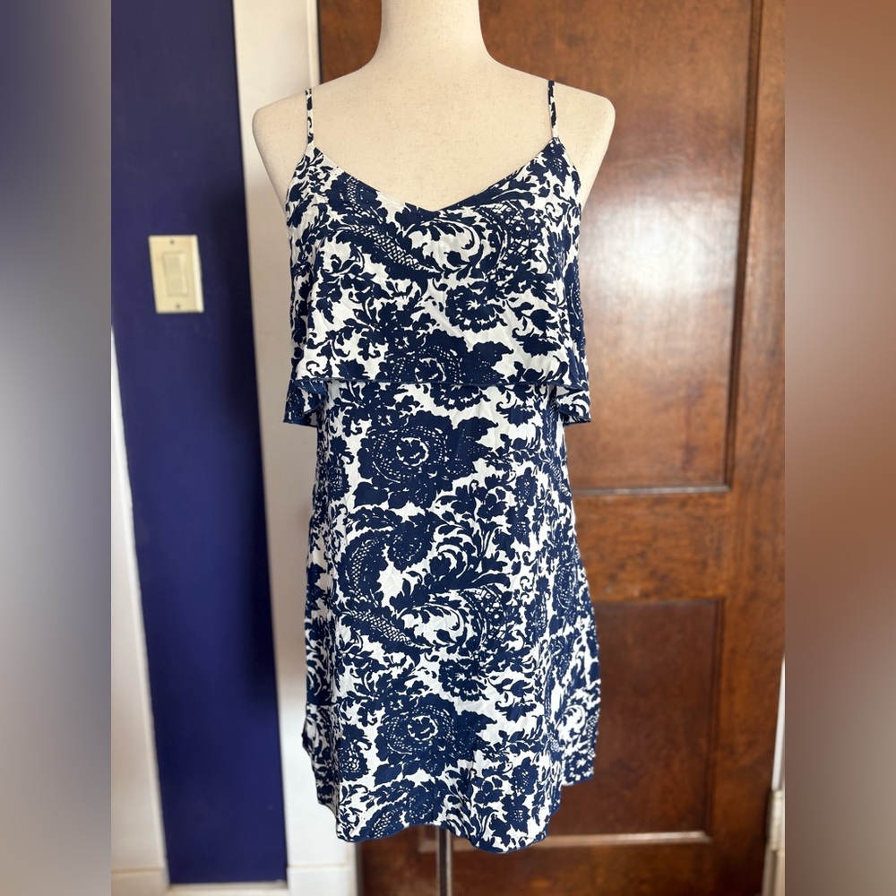 INTERMIX 100% Silk Navy and White Floral Damask Print Slip Mini Dress